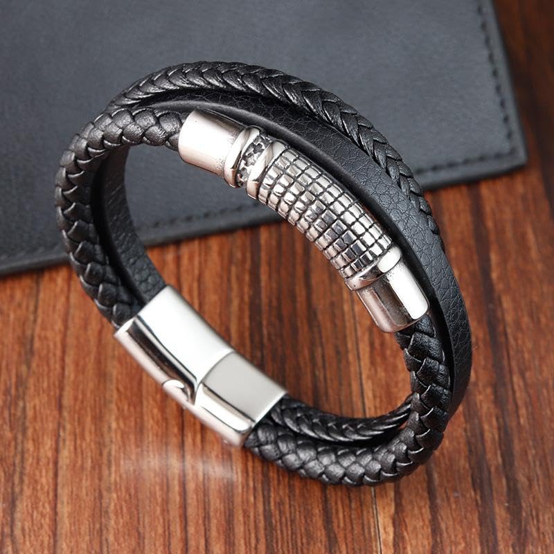 Image of THE MEN THING Leather Bracelet for Men - American Style Genuine Leather Multi-Layer Braided Bracelet with 100% Stainless Steel Magnetic Buckle for Men & Boys (8 inch)