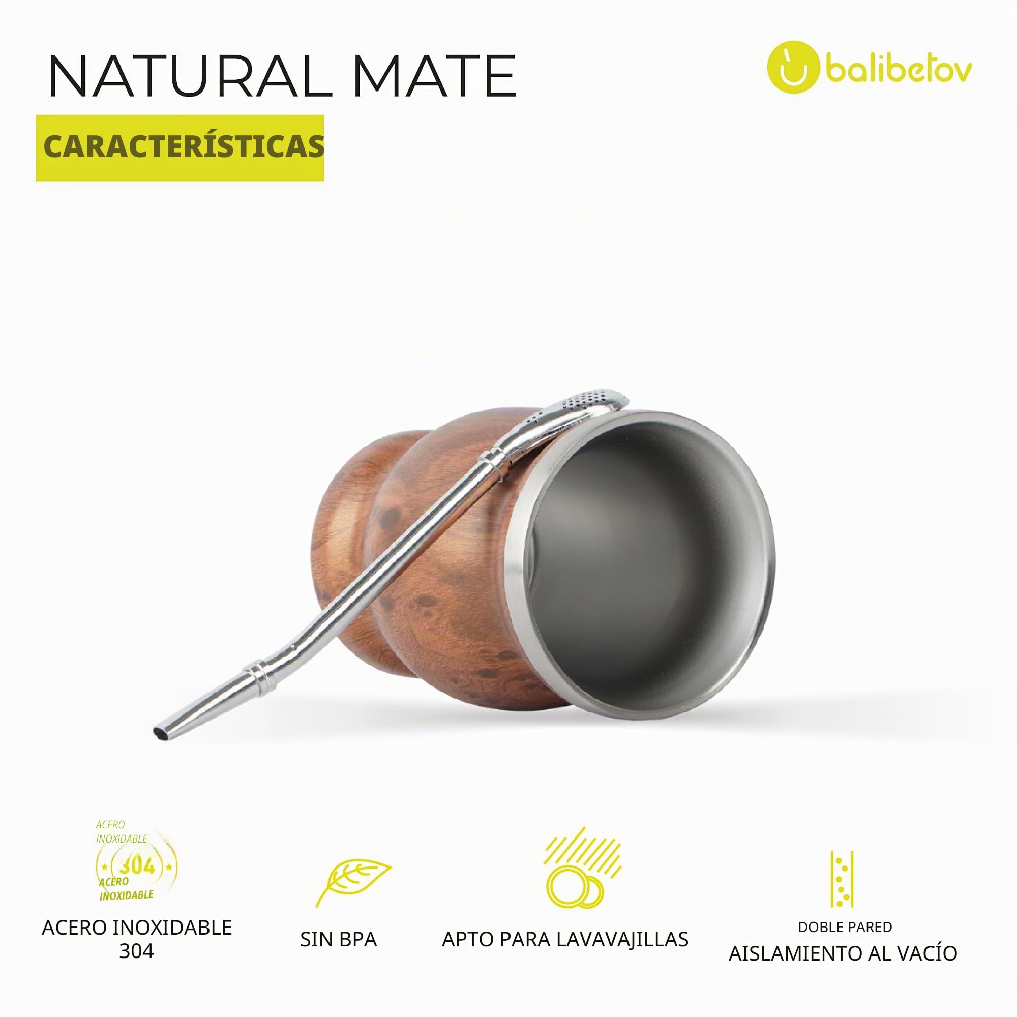 balibetov Mate Argentino - Kit Vaso para Mate de Doble Pared de Acero Inoxidable, Dos Bombillas y cepillo para Limpiar la Bombilla, resistente y elegante (Madera)