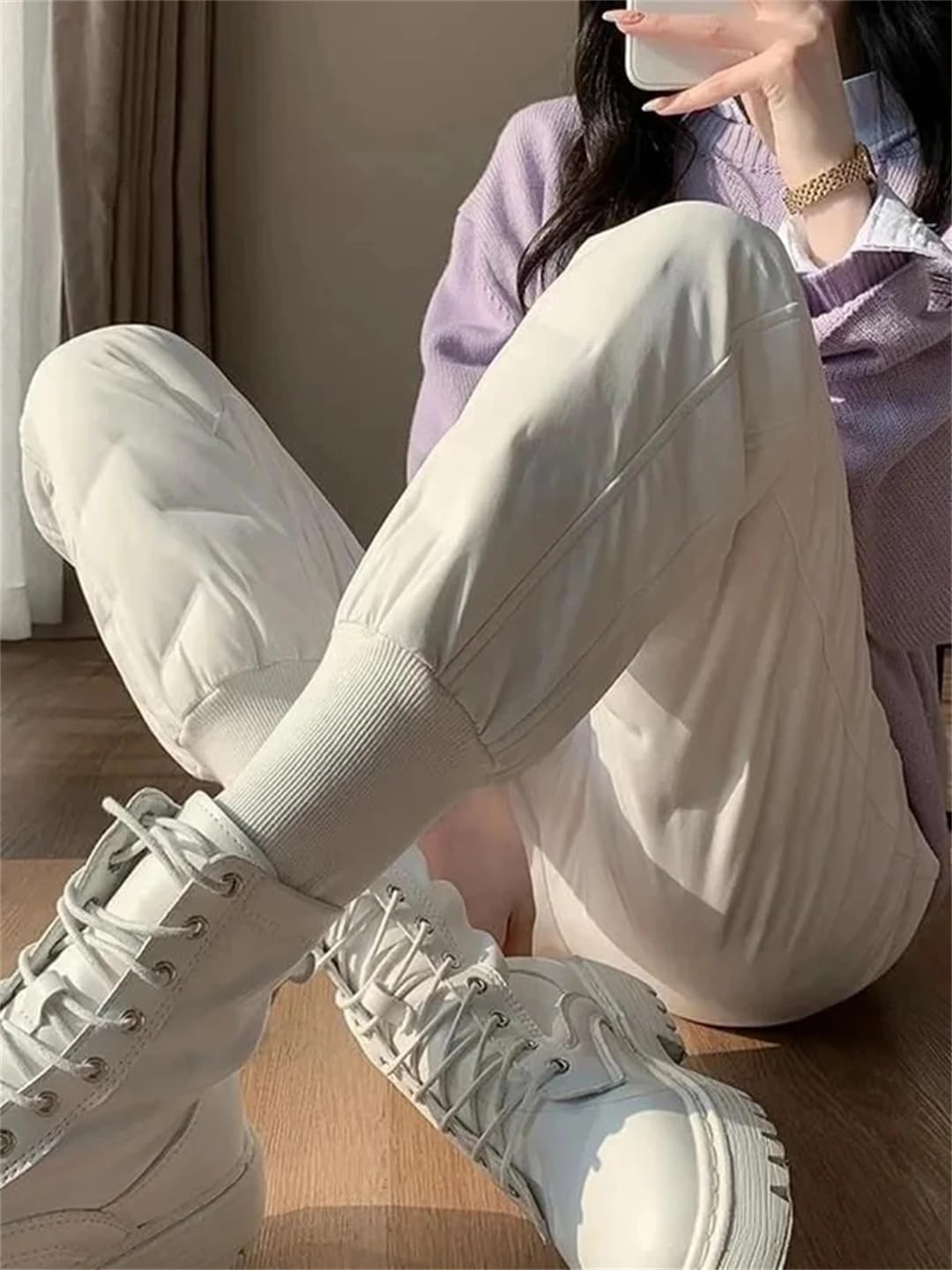 Mkjuuior Winter Down Cotton Thickened Thermal Pants Women's Bloomers Casual Snow Wear High Waist Thickened Trousers