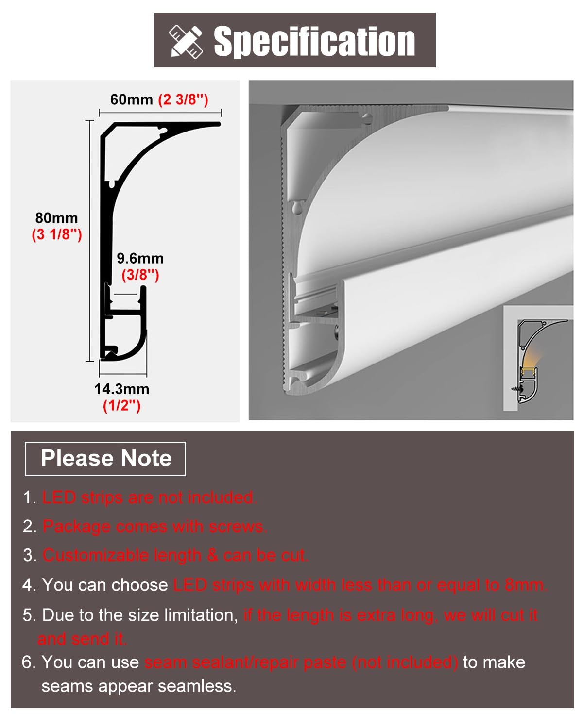 Canal de iluminación indirecta LED, perfil de aluminio para montaje en superficie, diseño de montaje en pared para sala de estar y pasillo