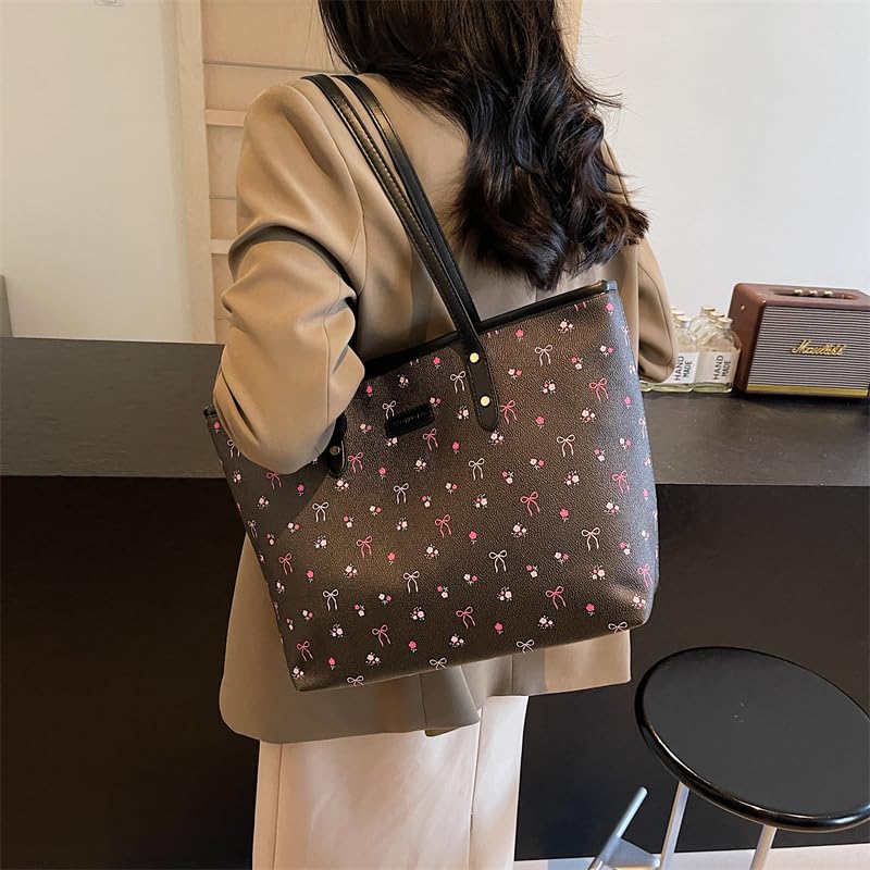 Image of hibear Cherry Print Tote Bag for Women Bow Shoulder Handbag Trendy Faux Leather Top-Handle Bag with Cherry Accessories
