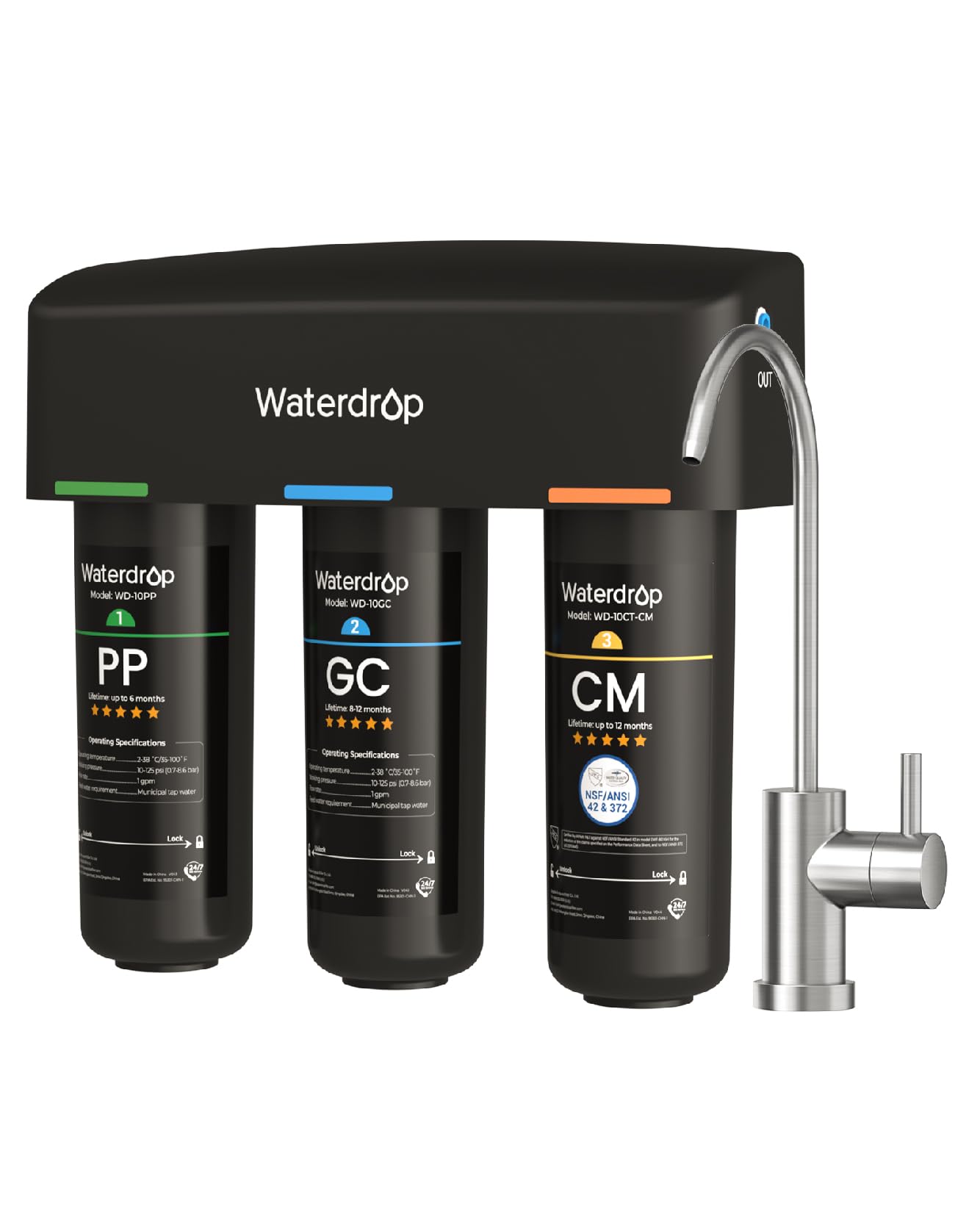 Waterdrop TSB-10-CM Under Sink Water Filter System, Reduce Chloramine, Chlorine for CA, FL and Washington, D.C., Under Sink Water Filtration System with Brushed Nickel Faucet,NSF/ANSI 42 Certified