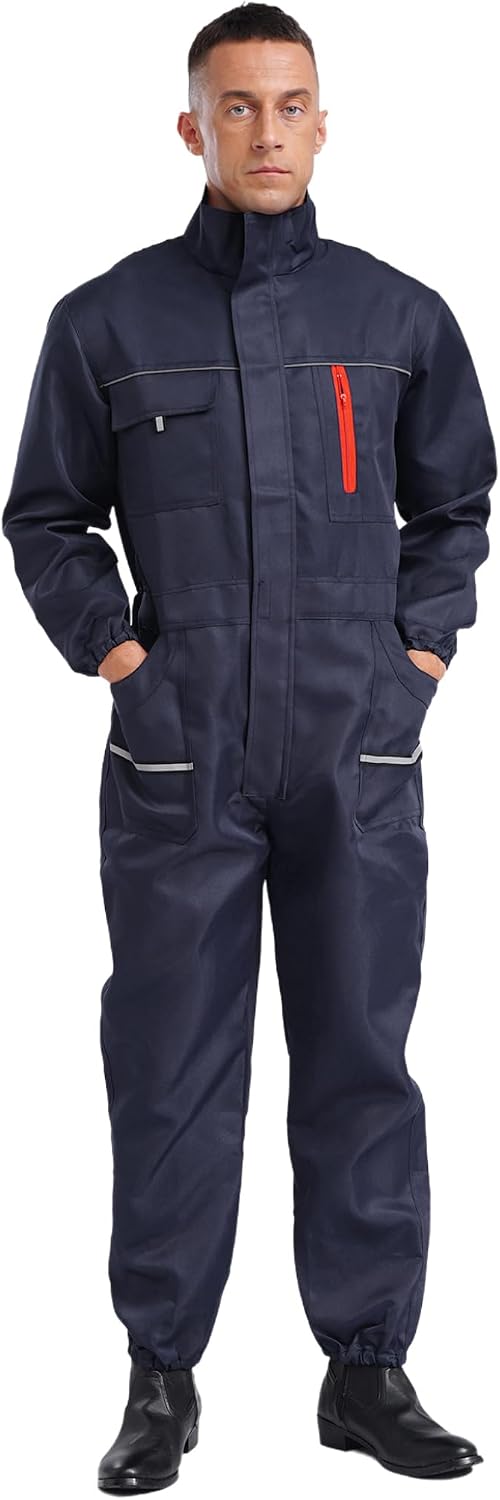XUNZOO Men's Long Sleeve Coverall Work Wear Cotton Blend Jumpsuit Visibility Twill Boilersuit with Chest Pockets