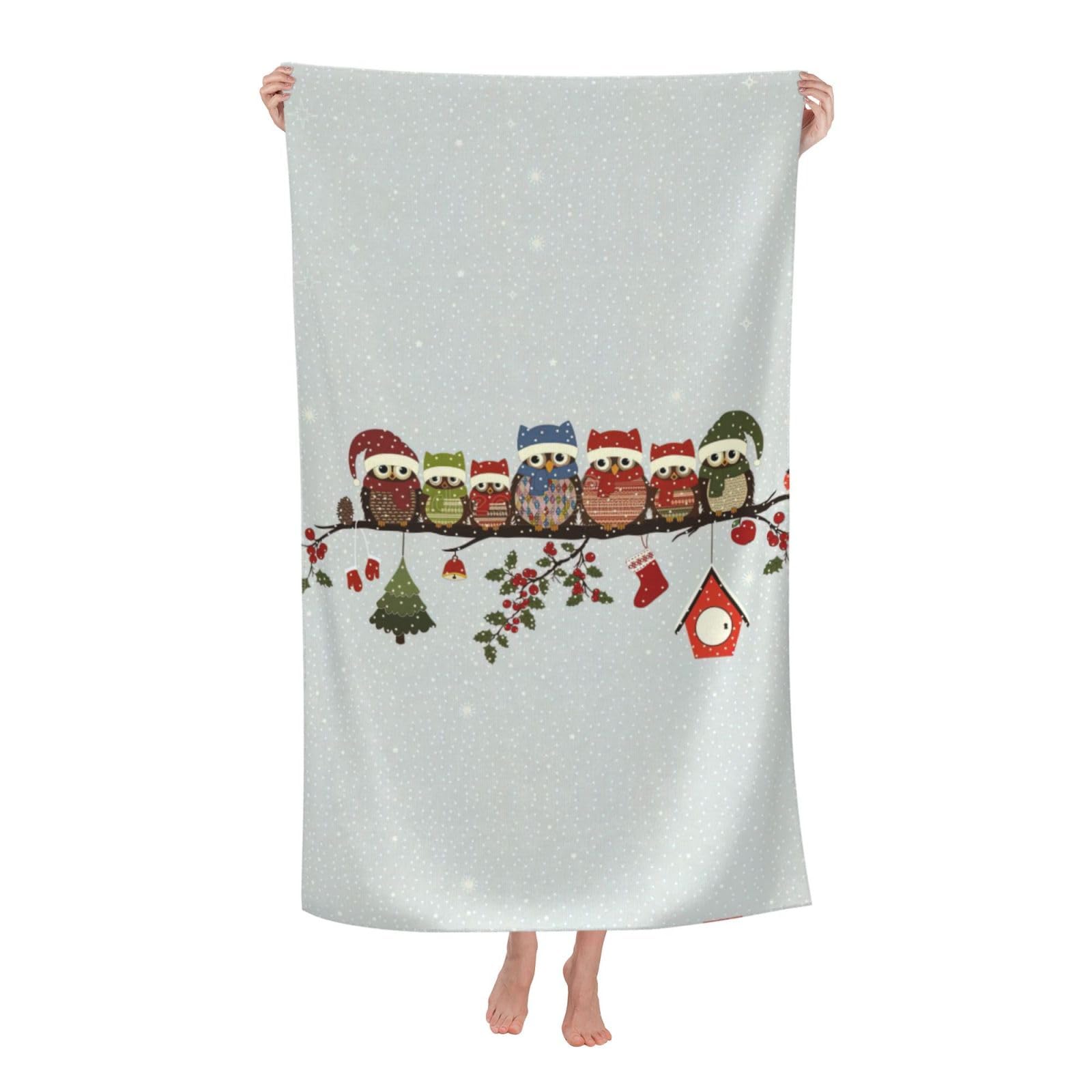 Oazcvbnn Women's White Cute Christmas Owls On Branch Print Adult Beach Towel Summer Travel Pool Vacation Swimming Fitness Outdoor Adventures