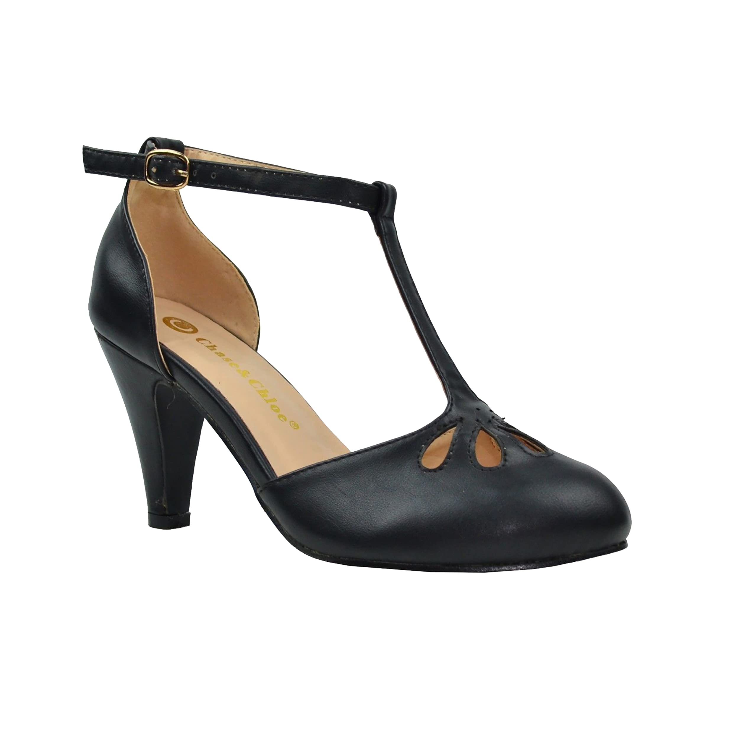 Chase & ChloeNew Kimmy-36 Women's Teardrop Cut Out T-Strap Mid Heel Dress Pumps