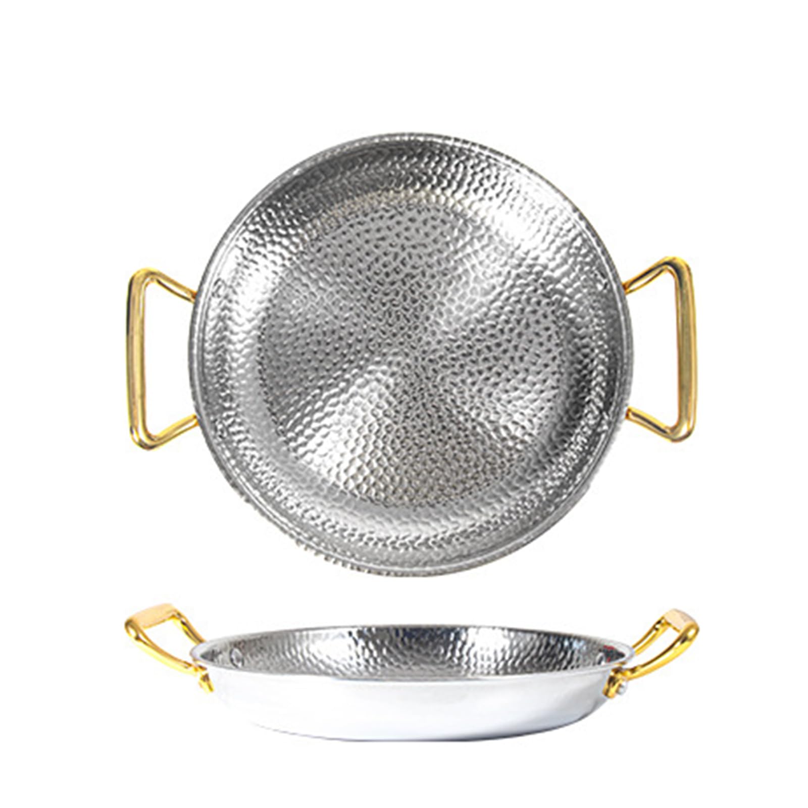 Paellera martillada de acero inoxidable sin revestimiento antiadherente con asas metálicas ergonómicas, placa de mariscos para camping y reuniones, apta para horno e inducción, 10 tamaños (30 cm
