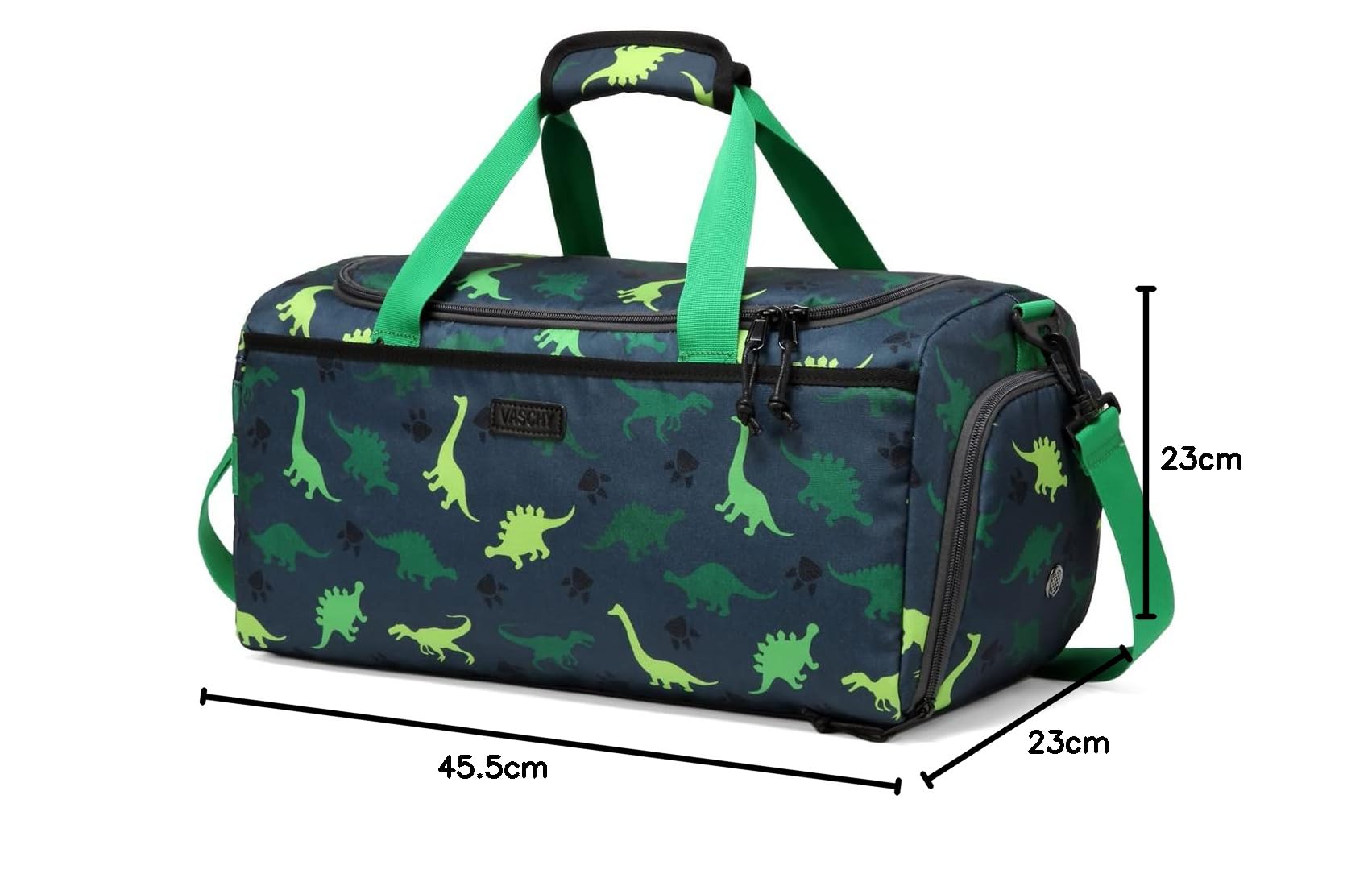 VASCHY Borsa Piscina Bambino, Borsa da Viaggio Bambini 24L Impermeabile con Compartimento Umido-Seco per Palestra Dinosauro Verde