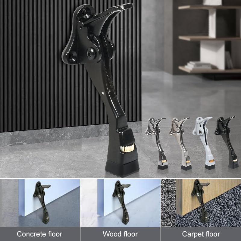 Black Kick Down Door Stoppers for Bottom of Door, Heavy Duty Kickdown Door Stop, Adjustable Door Stoppers, One Touch Kick Down Stopper (4 Inch x 1 Pack)