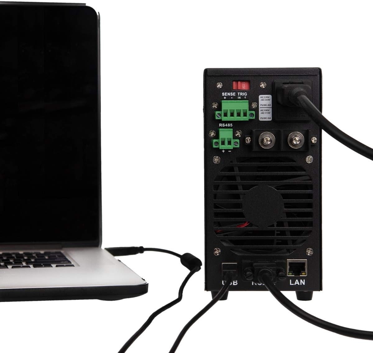 Korad KWR103 rear panel connected to a laptop via USB and LAN