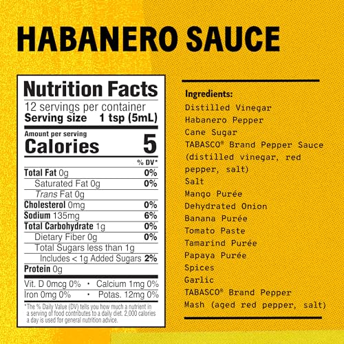 Image of TABASCO Brand Habanero Sauce, Spicy & Fruity Habanero Hot Sauce, Glass Bottle, Jamaican-Style, Packed with Heat, Great for Wing Sauce, Shrimp Kabobs, & More, 2 Fl Oz (Pack of 1)