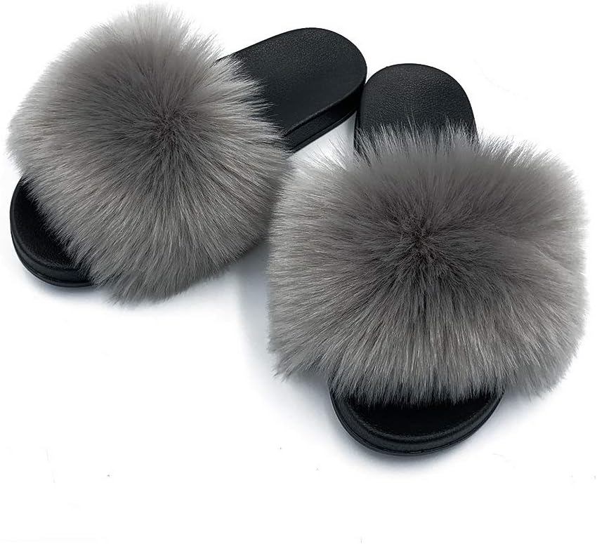 Women's Faux Fur Slides Slippers Fluffy Fuzzy Sandals Open Toe Furry Slide Flip Flop Indoor Outdoor