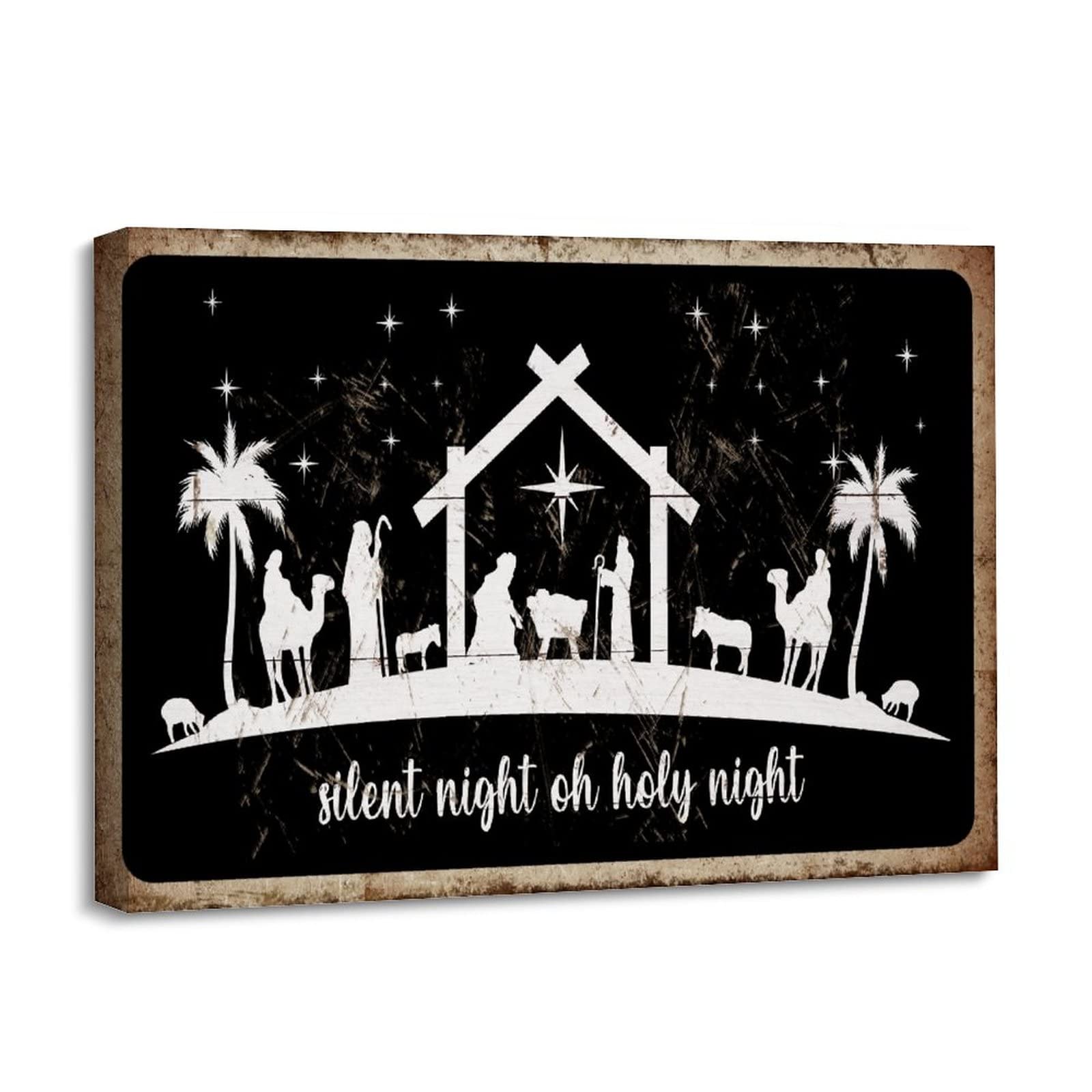 Cuadro de belén de Navidad en lienzo de óleo con marco interior de madera para pared 8