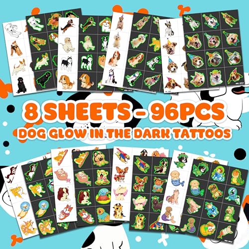 Image of 96 PCS Dog Pet Temporary Tattoos for Kids - Luminous Glow in The Dark | Pre-Cut Animal Fake Tattoo Stickers for Boys Girls | Super Cute First Themed Birthday Party Favors & Supplies