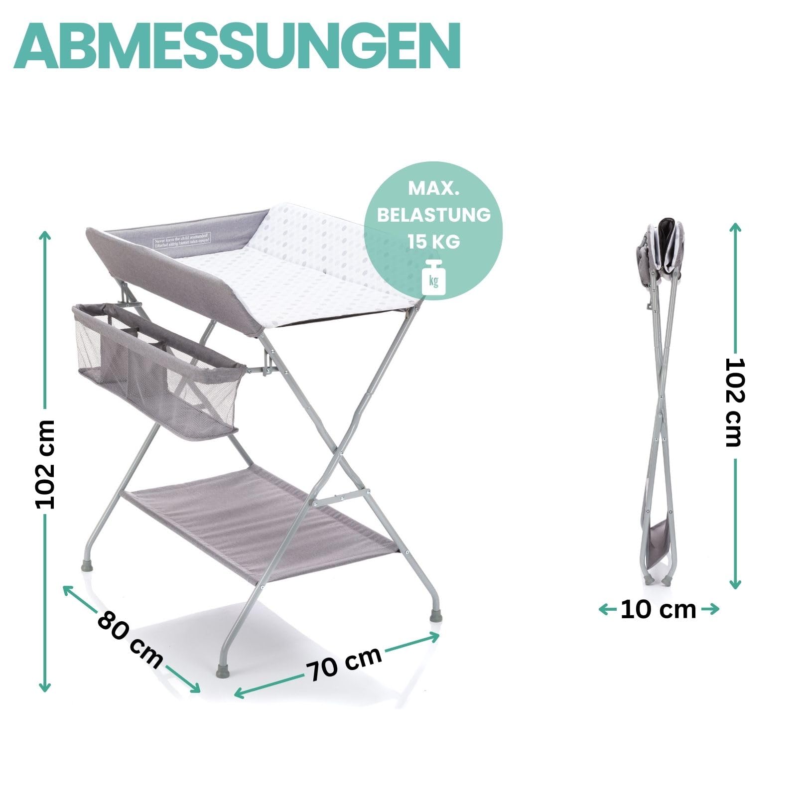 Fillikid Baby Wickelkombi - Punkte Grau | Klappbare Wickelkommode, mobiler Wickeltisch mit Wickelauflage und Ablagefächern, platzsparend und stabil