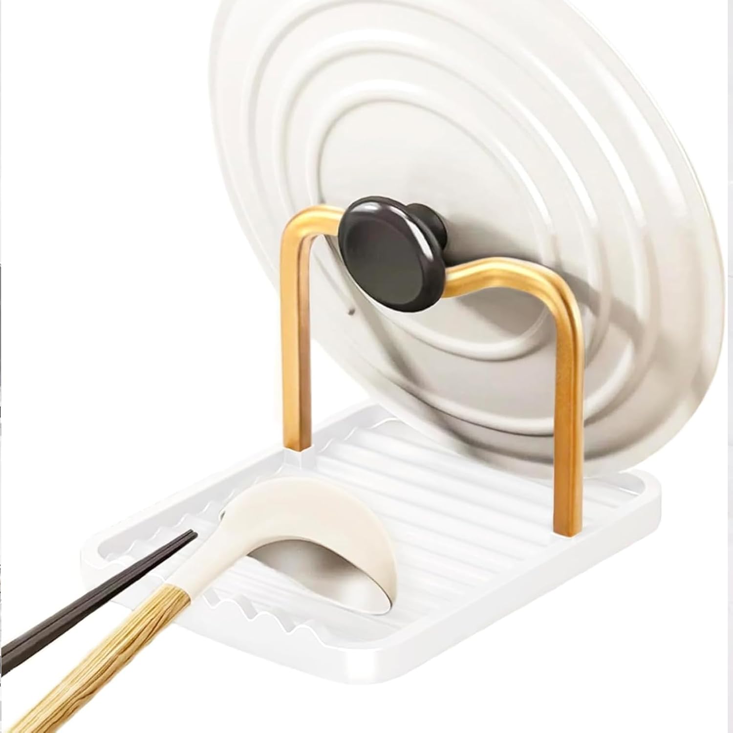 Spoon Rest with Lid Holder, Stainless Steel Lid Holder While Cooking & Organizer with Detachable Drain Tray, Anti-Rust Countertop Space Saver for Spoons, Spatulas (White Gold) - Image 2