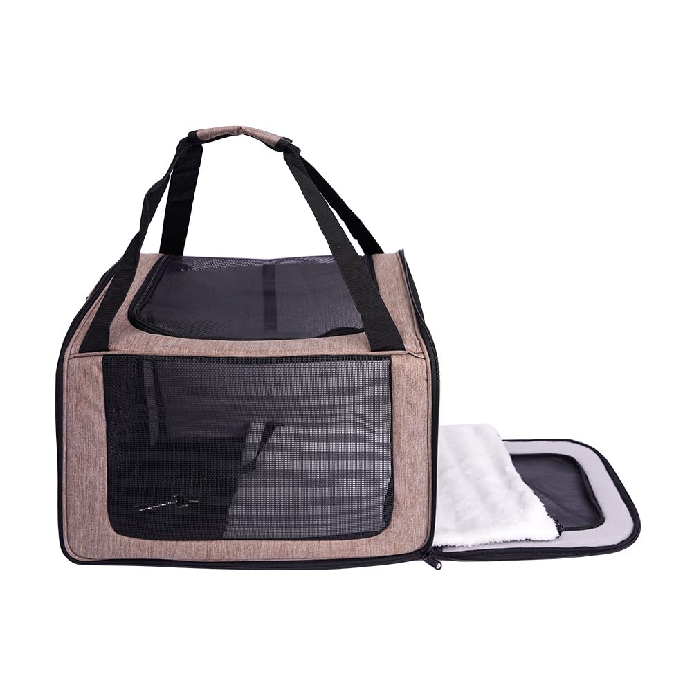 Trasportino per cani e gatti, borsa porta-cane traspirante per animali domestici, trasportino da viaggio con ventilazione, tasche laterali, due porte con tracolla per auto (Marrone, 35x40x45cm)