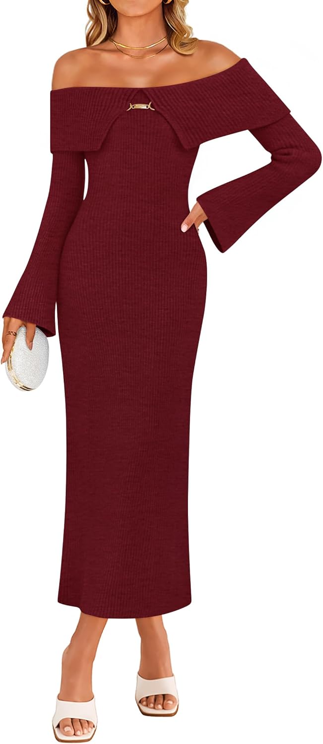 ZESICA Women's Spring Off Shoulder Sweater Dress 2026 Bell Long Sleeve Ribbed Knit Bodycon Formal Maxi Dresses