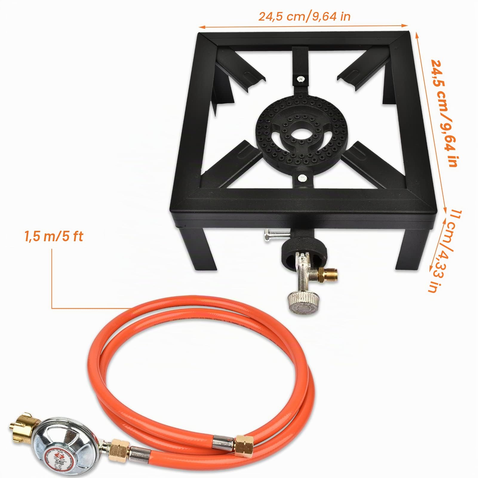 Réchaud à gaz portable Brûleur à gaz 4 pieds 6 kW avec tuyau de 1,5 m certifié CAS et réducteur de pression de 50 bar pour l'extérieur, le camping