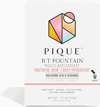PIQUE BT Fountain Beauty Electrolyte Powder - Hydration Powder Packets with Hyaluronic Acid, Ceramides, Magnesium for Hydrated, Elastic Skin - No Added Sugar - 28 Single Serve Sticks Pack of 1