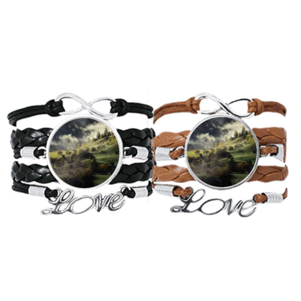 Village Fog Hill Landscape Forest Bracelet Hand Strap Leather Rope Wristband Double Set Gift