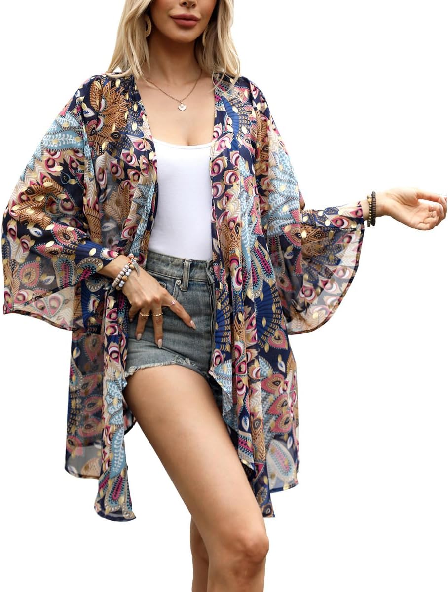 olrain Women Floral Print Bell Sleeve Kimono Cardigan Lightweight Open Front Cover Up Loungewear Cape for Summer