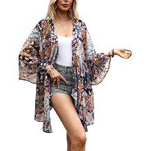 olrain Women Floral Print Bell Sleeve Kimono Cardigan Lightweight Open Front Cover Up Loungewear Cape for Summer