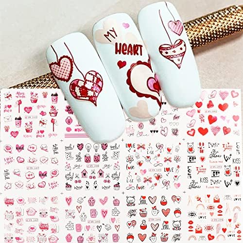 Valentine's Day Nail Art Stickers Heart Nail Art Decals Lips Heart Rose Flower Letters Love Designs Water Transfer Nail Supplies Sliders Nail Decor Nail Decorations Accessories for Women 12Sheet
