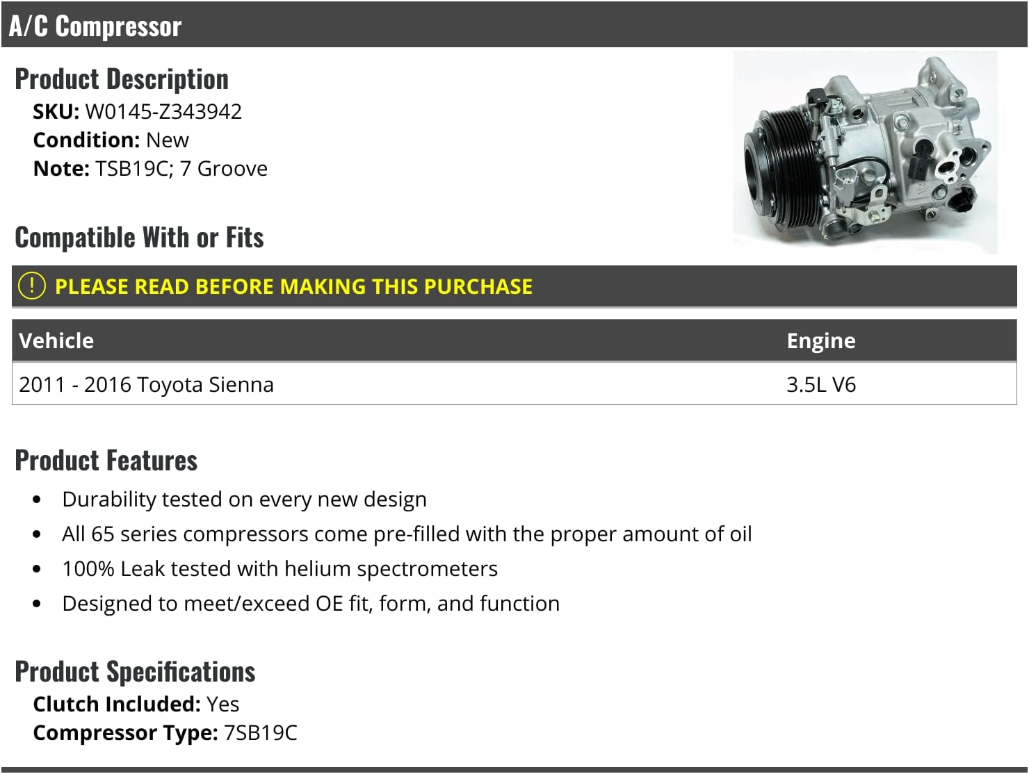 A/C Compressor - 7 Groove - with TSB19C Compressor and Clutch - Compatible with 2011-2016 Toyota Sienna 3.5L V6