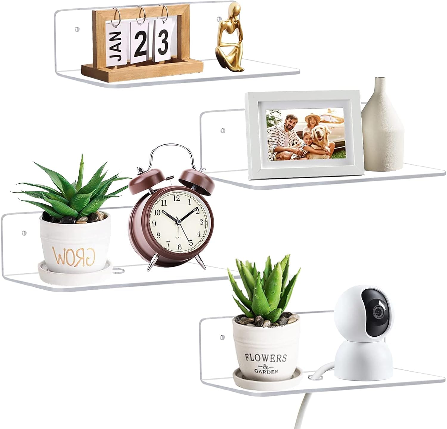 Clear Acrylic Floating Wall Shelves, fwall Mounted Floating Shelves, Wall Mount Shelf Without Drilling, Wall Mounted Decorative Shelves, Bookshelf Hanging on Wall (Set of 4, Clear)