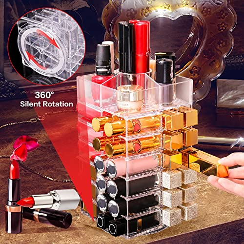 Acrylic Lipstick Tower Holder, FODIENS 360 Degree Rotating Makeup Cosmetic Lipsticks Organizer with 53 Slots, Spinning Lipgloss Storage Display Stand Holder