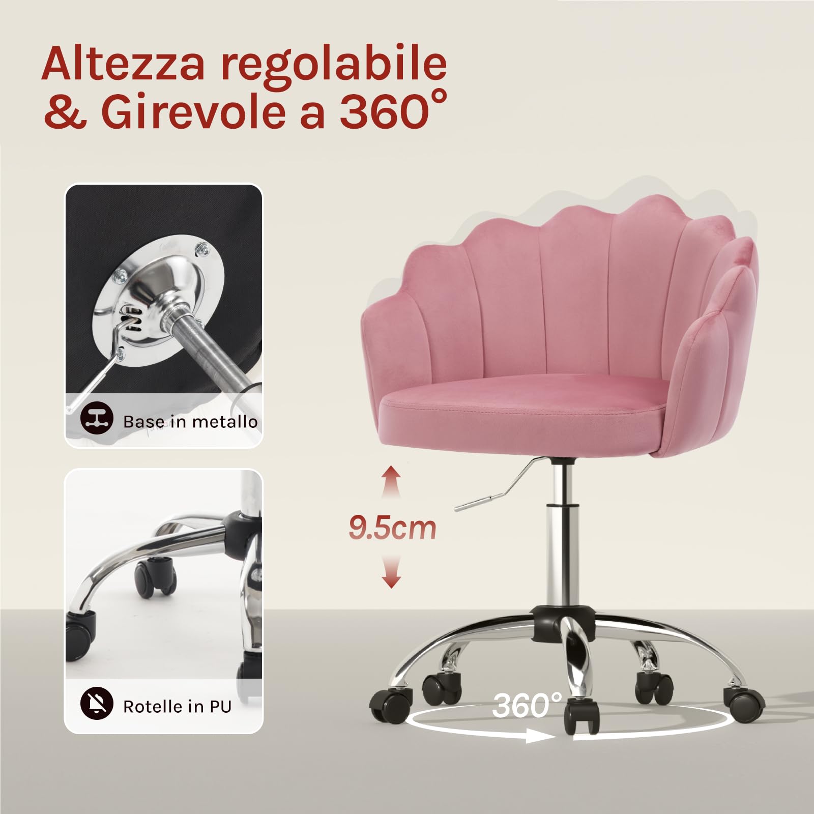 WOLTU Sedia da Trucco con Schienale a Petalo, Sedia Ufficio con Braccioli e Rotelle, Poltroncina Girevole, Altura Regolabile, Velluto, Rosa
