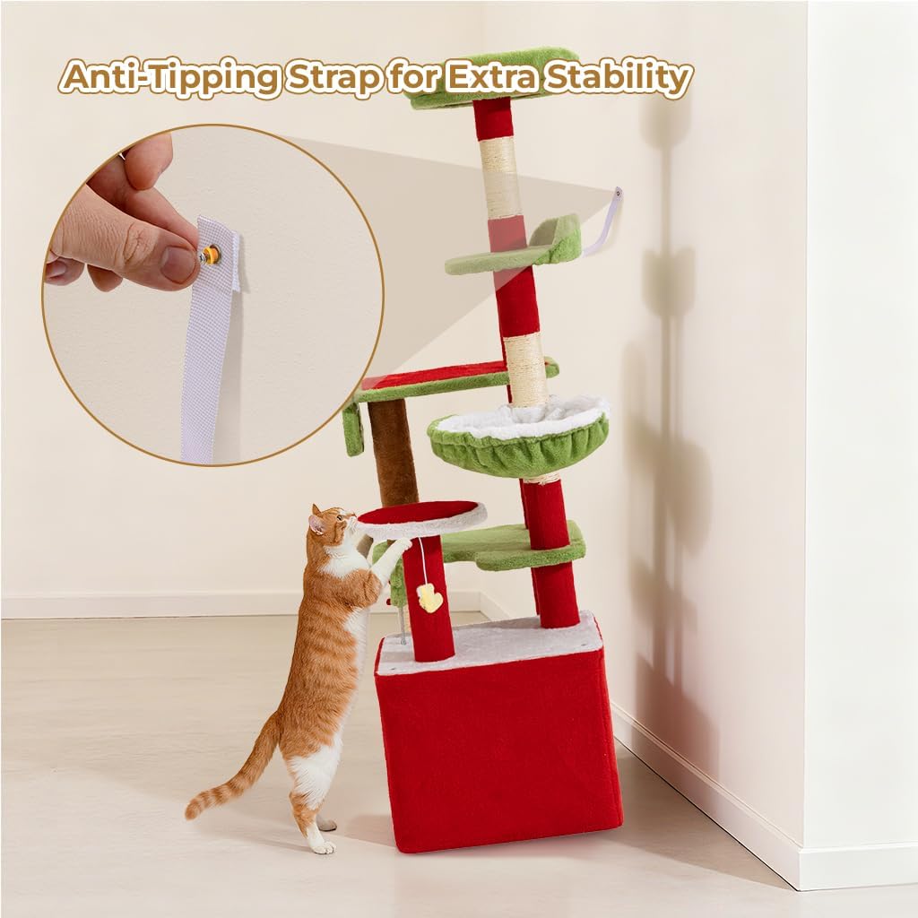 AQUILLA 55.1in Christmas Cat Tree Tower for Indoor Cats, Multi-Level Cat Condo with Sisal Scratching Posts, Cozy Hammock & Top Perches, Red & Green Holiday Pet Play House for Large Cats and Kittens