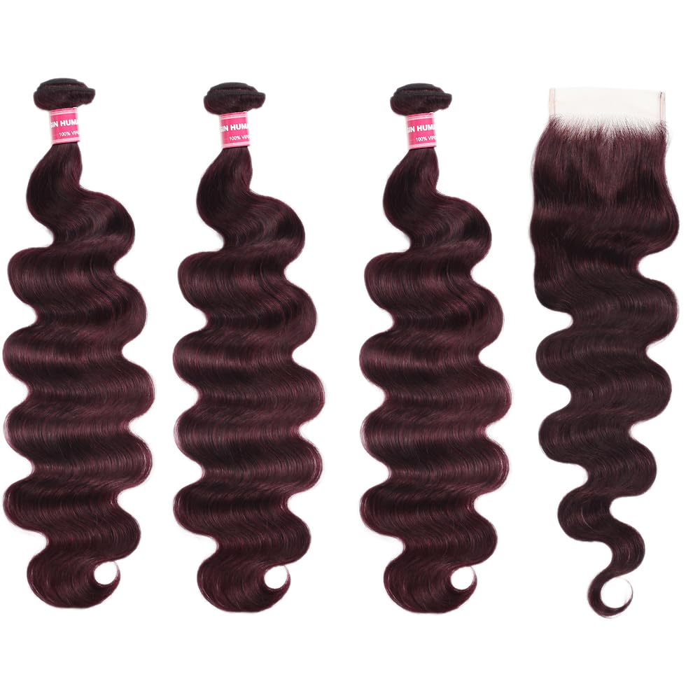 Image of UNICE 12A Body Wave Human Hair Bundles with 4x4 Lace Closure 14 14 14+14 inch 100% Brazilian Virgin Hair Weave Extensions Tangling-Free Shedding-Free Ombre Black Cherry Color