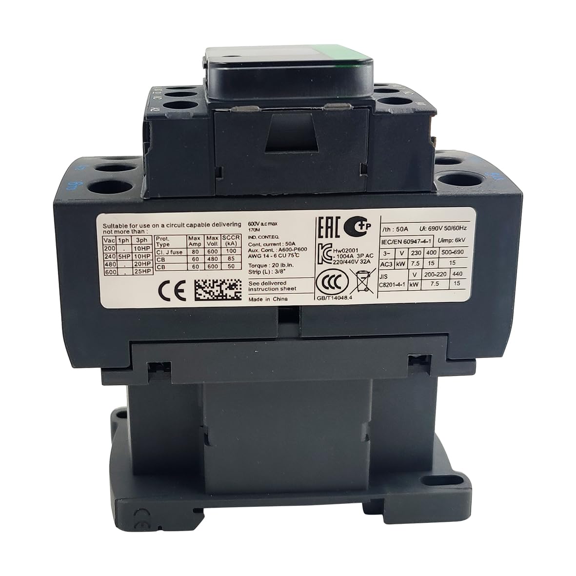 LC1D32G7 Non-Reversing Contactor 32A 3Pole 120VAC Coil 1NO 1NC 50/60Hz
