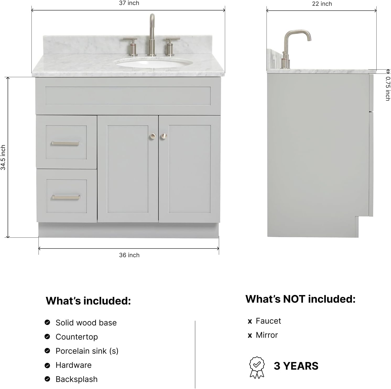 ARIEL Hamlet 36-inch Bathroom Vanity with Sink,Solid Wood, 0.75-inch Italian Carrara Marble Countertop & Backsplash, Single Rectangular Sink, 2 Soft Closing Doors, 2 Dovetail Drawers, Grey
