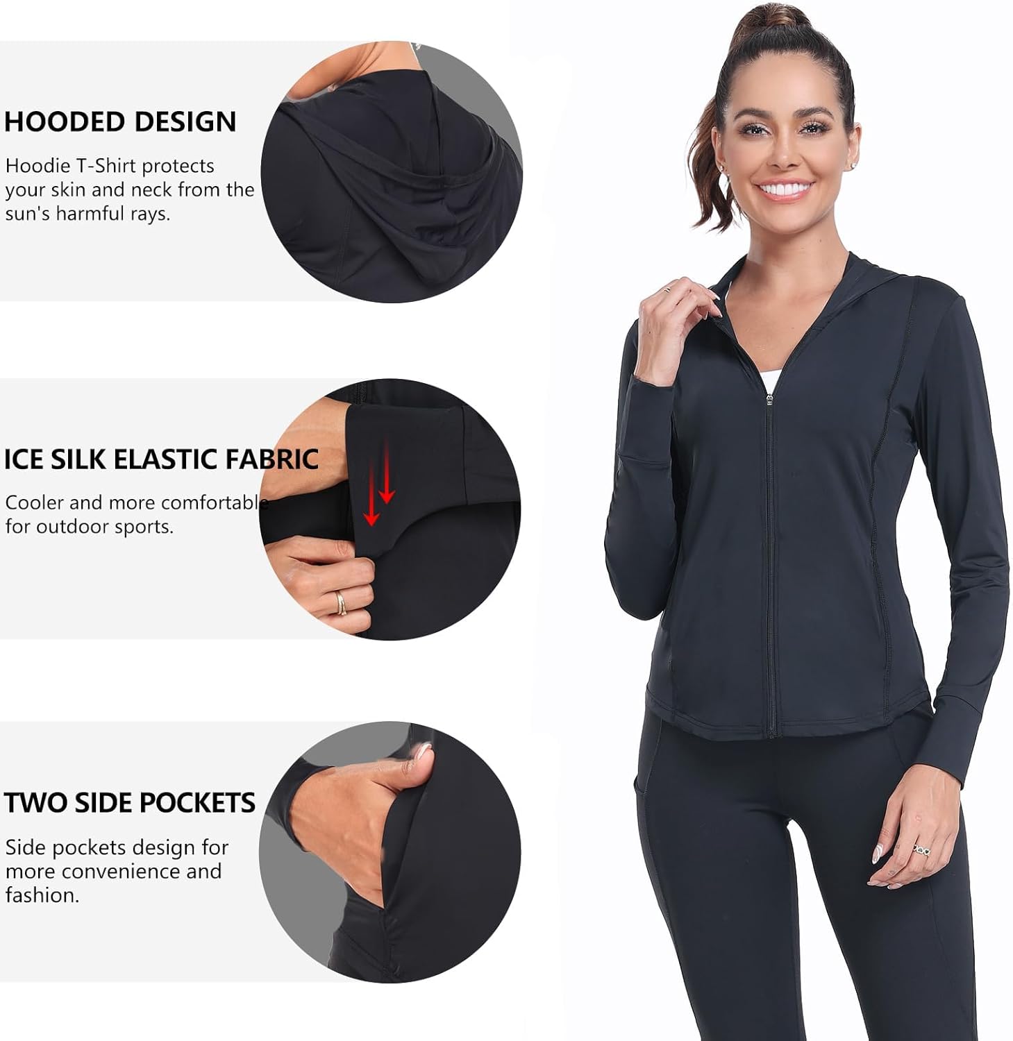 Womens UPF 50+ Long Sleeve Hooded Jackets Lightweight UV Protection Sun Shirts Workout Athletic Hiking Running Tops - Image 4