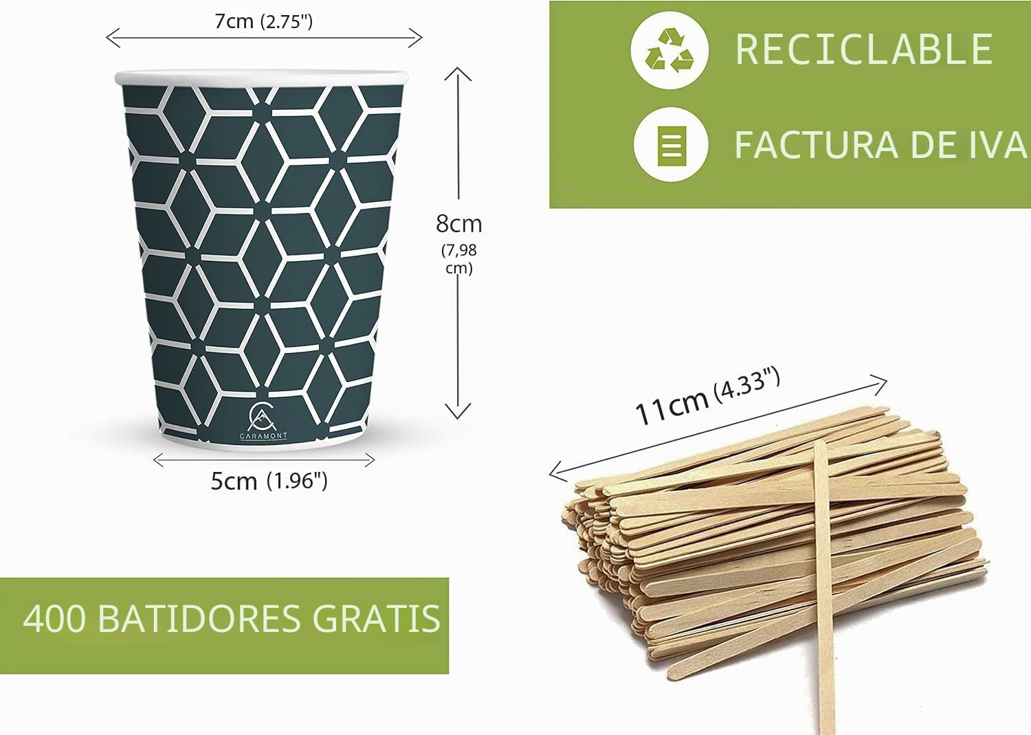 Caramont,400 Vasos de Cartón ,7 onzas con Agitadores de Madera,Ecológicos y Desechables,Resistentes al Calor,Ideales para Café,Té,Cumpleaños,etc.