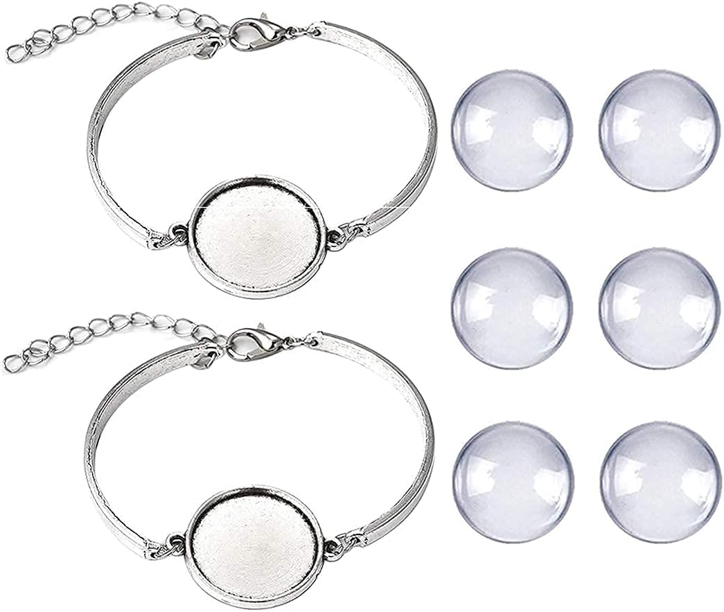 DROLE Bracelet DIY Settings - Bracelet Bezel Settings for Jewelry Making-20mm Bracelet Jewelry Bezel Base Round Cabochon Bezel Tray Blank Bangles Bracelets with 20mm Clear Glass Cabochons Mutil