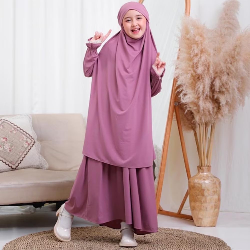Bambini Ragazze Musulmano Islamico Due Pezzi Abiti Pizzo Manica Lunga Hijab Dress Abaya e Gonna Larga Copertura Completa Caftano