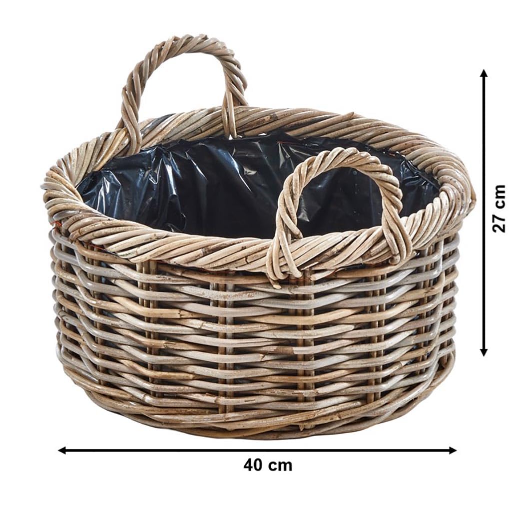 Kobolo Pflanzkorb rund geflochtener Rattan Übertopf mit Folie 40 cm Grau