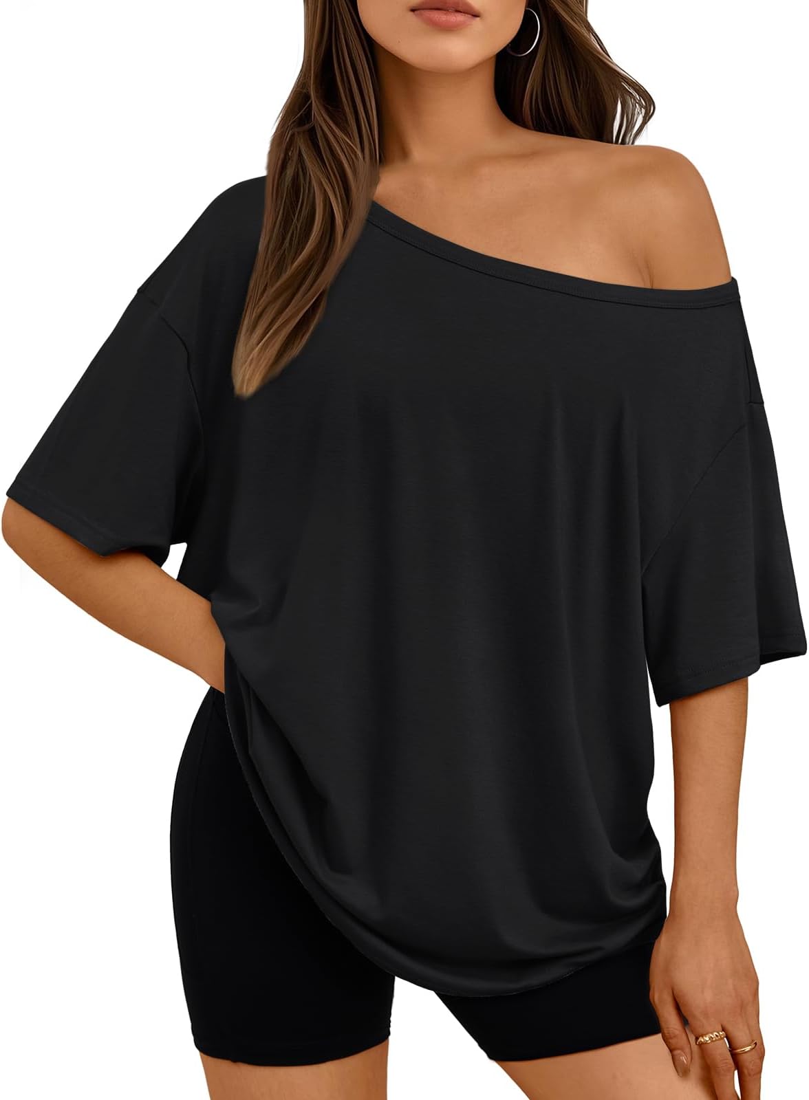 Off The Shoulder Tops Oversized Tshirts Short Sleeve Basic Tee 2025 Casual Summer Fashion Clothes