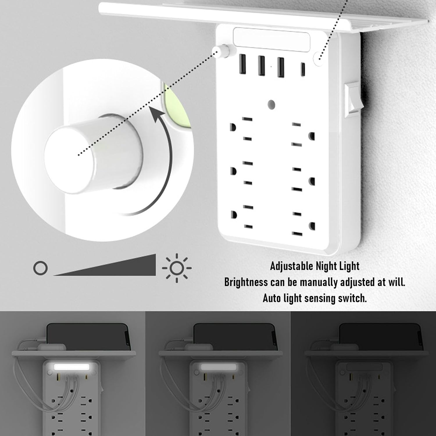 GOWENIC Wall Outlet Extender with Shelf & Night Light, Protector with 4 USB Ports (3A+1C) & 6 AC Outlets, Multi Plug Power Station for Home Office