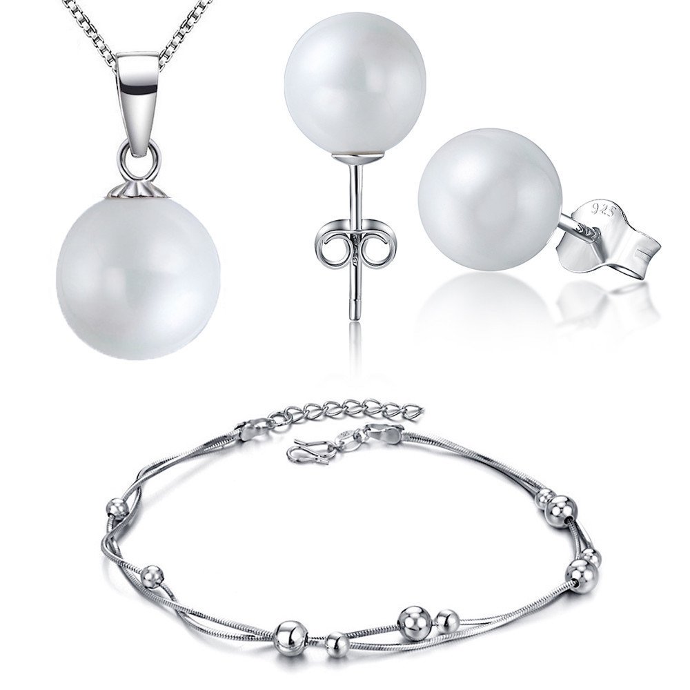 Kim Johanson Damen Schmuckset *Mailand* aus 925 Sterling Silber & Edelstahl Halskette mit Anhänger, Ohrringe & Fußkettchen mit Perlen besetzt inkl. Schmuckbeutel