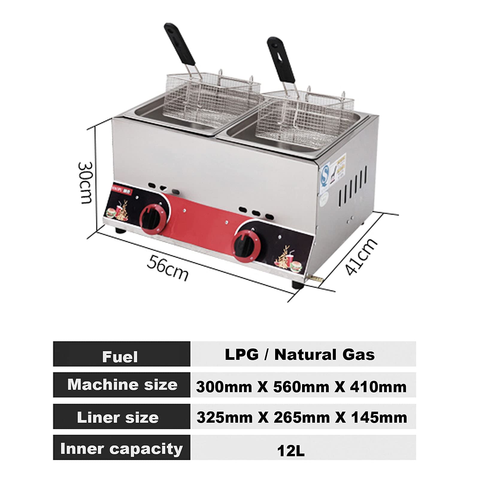 Freidora De Gas Industrial Profesional Freidora Comercial con Canasta Y Tapa Freidora De Acero Inoxidable para Encimera, para Restaurante Y Uso Doméstico