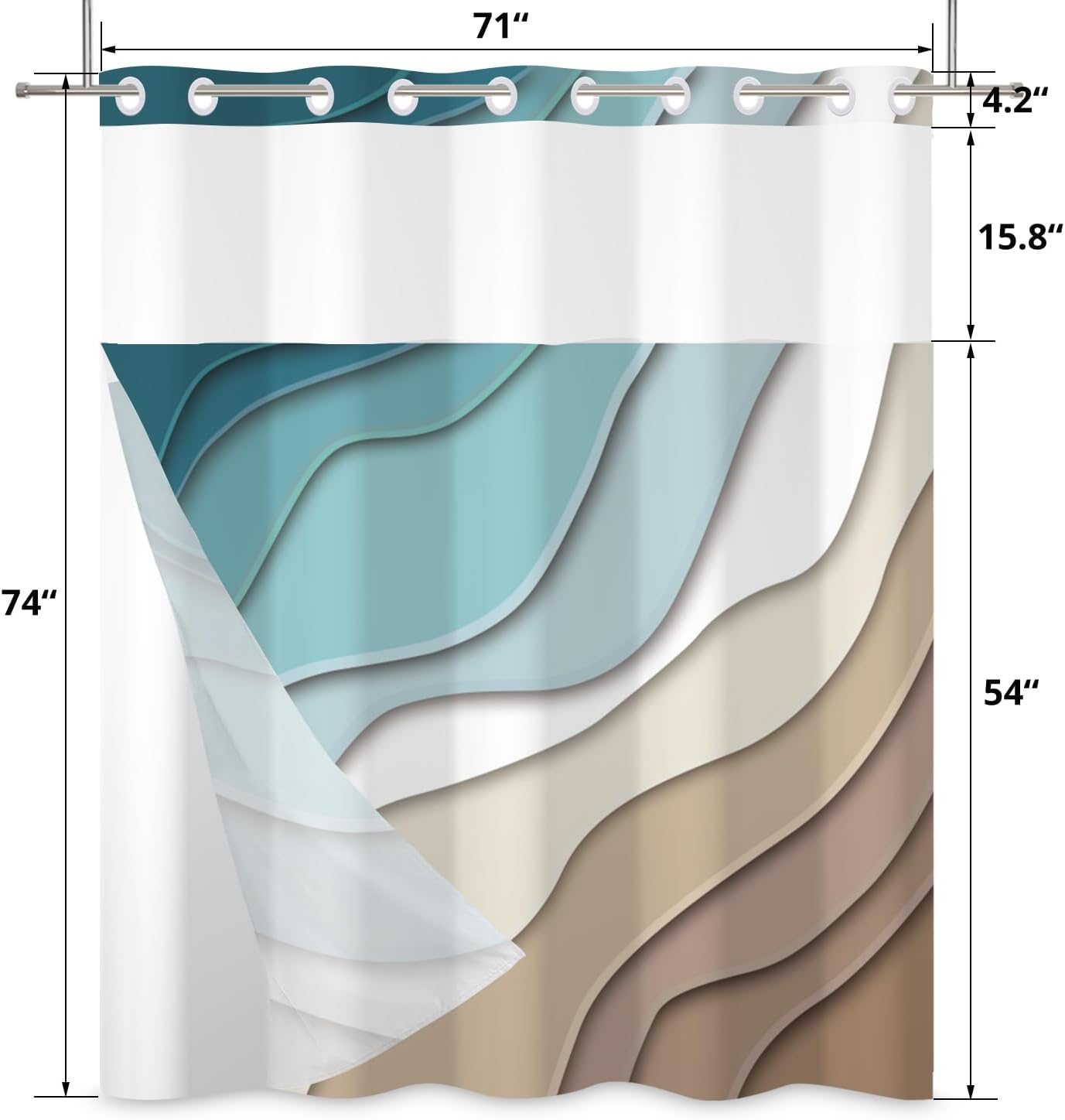 No Hook Shower Curtain with Snap in Liner, Hotel Style Teal Blue Brown Ombre Aqua Beach Waves Ocean Abstract Shower Curtain Waterpoof Washable with See Through Top Window,71"x74"