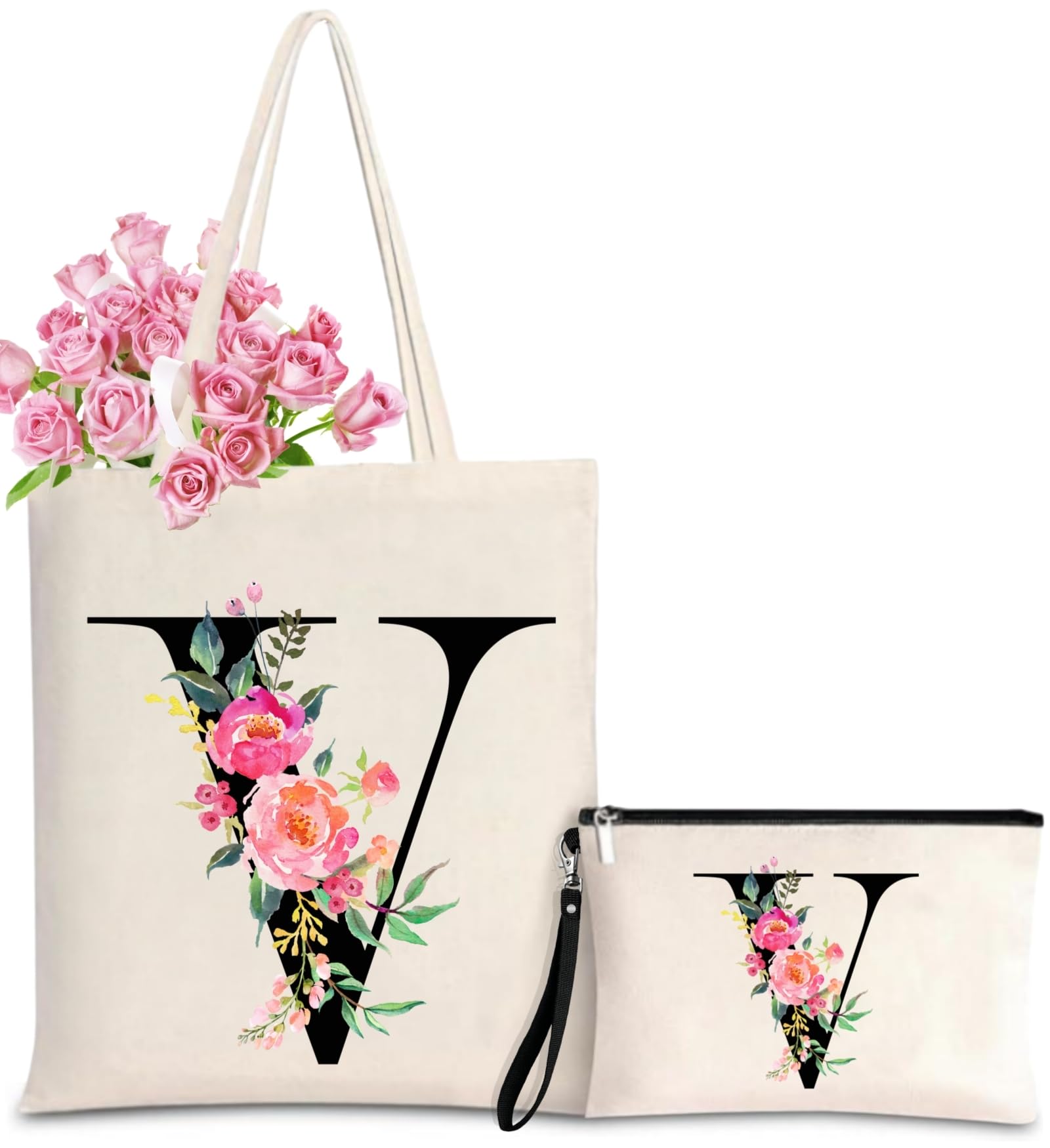 Initial Canvas Tote Bag for Women, Personalized Monogrammed Tote Bags with Makeup Gift Bag for Wedding Bridesmaids Birthday