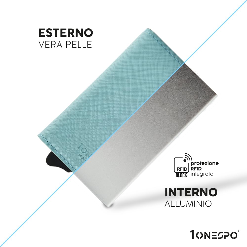 MAGNETIC Porta Carte di Credito Donna VERA PELLE - Portafoglio donna piccolo con Portamonete e Contanti -Porta tessere e documenti - Portacarte protezione RFID, SAFFIANO Acqua Marina