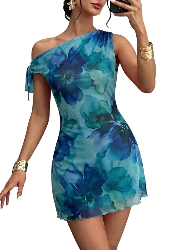 Acelitt Women One Shoulder Mesh Mini Dress Summer Fashion 2026 Sleeveless Ruched Bodycon Cocktail Party Floral Dresses Blue Medium by Acelitt - Used condition - US$24.79