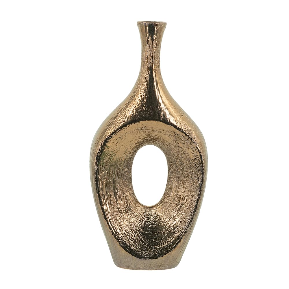 A&B Home Textured Bronze Ceramic Vase with Round Open Design, Organic Modern Home Accent, Sculptural Flower Vase for Mantel Tabletop Sideboard, 9" x