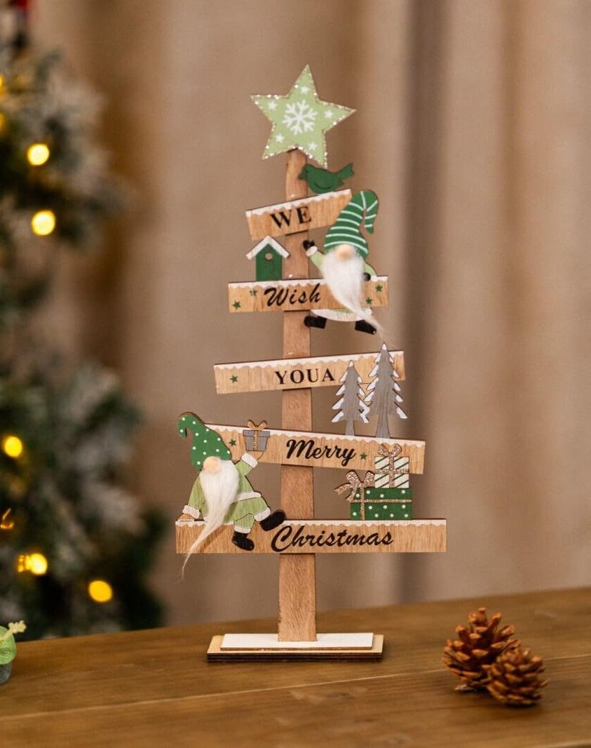 Marco Paul Wooden Christmas Tree Gonk Ornament – 45cm Freestanding ‘We Wish You a Merry Christmas’ Sage Green Sign – Festive Wooden Table Centrepiece, Mantel or Fireplace Decoration for Xmas Décor
